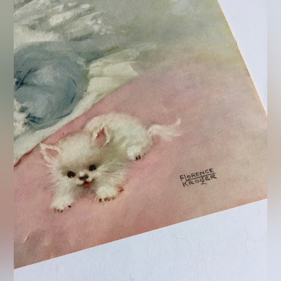 1950's D.A.C. Framed Florence Kroger Print Baby & Kitten "Wake Up Time" - Picture 9 of 10